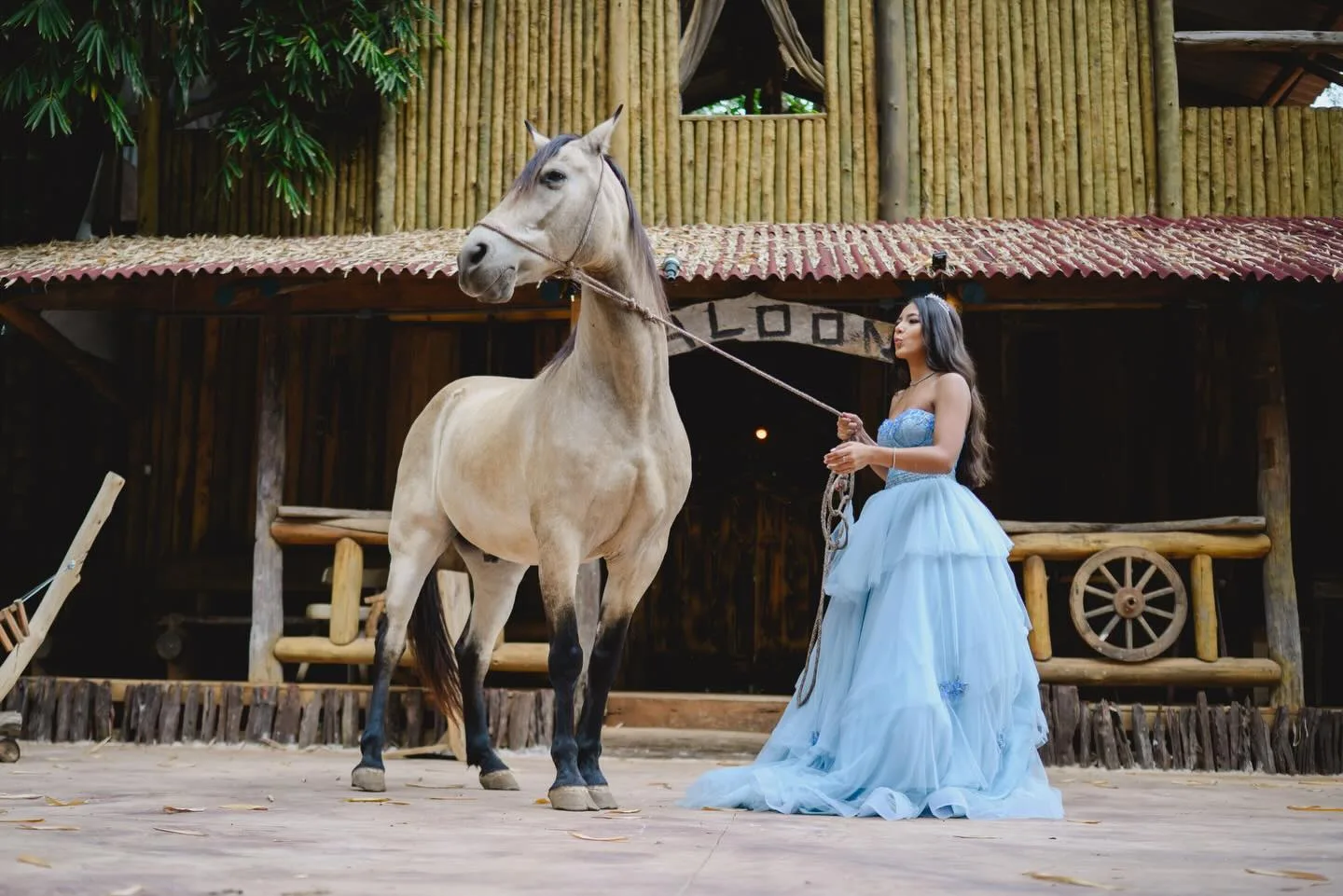 Jovem de vestido azul ao lado de um cavalo claro.